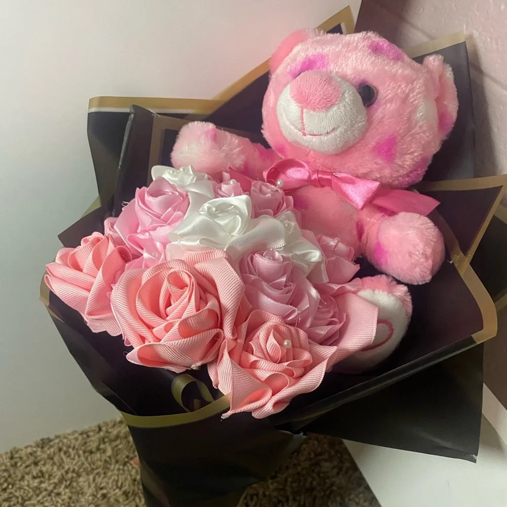 I am selling pink/white valentines ribbon rose bouquet. AKA eternal flowers. <3 - Picture 1 of 5